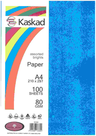 Coloured Paper Kaskad Assorted Brights A4 80gsm 100 Pack