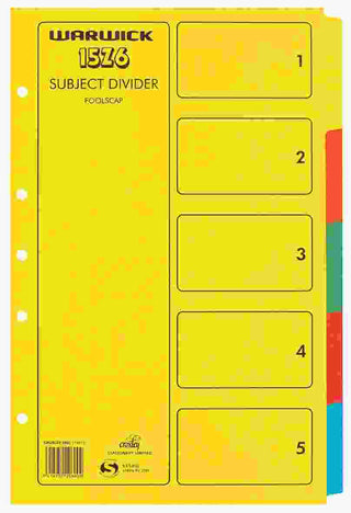 SUBJECT DIVIDERS WARWICK FOOLSCAP 5 TAB COLOURED