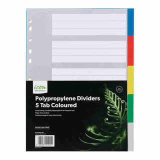 SUBJECT DIVIDERS ICON POLYPROP 5 TAB COLOURED