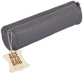 PENCIL CASE LEATHER LARGE ROUND GREY